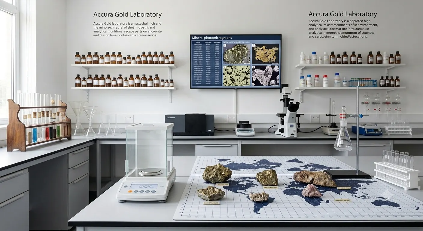 Accura Gold laboratory bench with mineral samples, microscope and analytical instruments